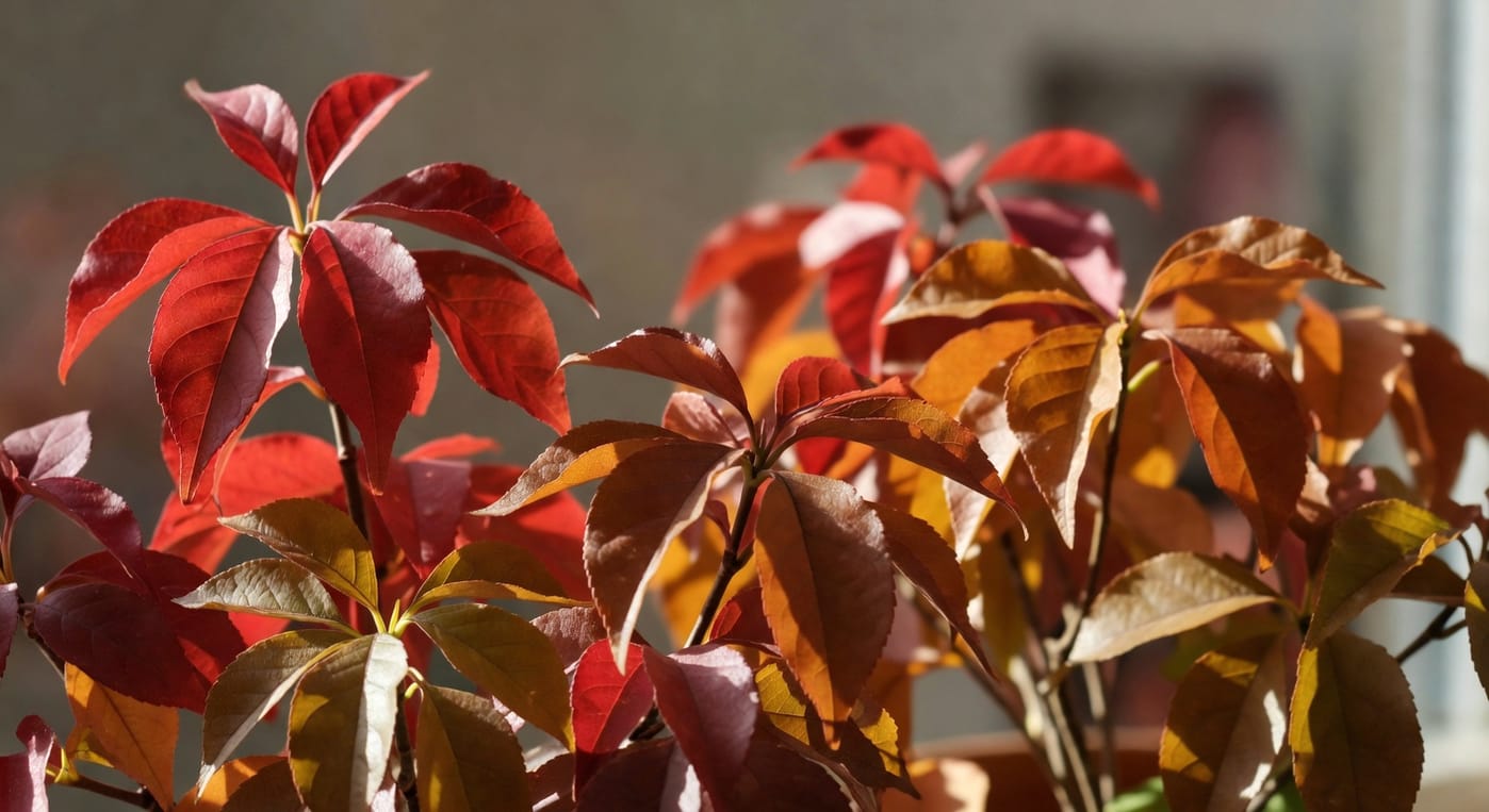 晚秋彩葉植物呈紅褐、焦糖、古銅色調，陽光柔和照亮邊界