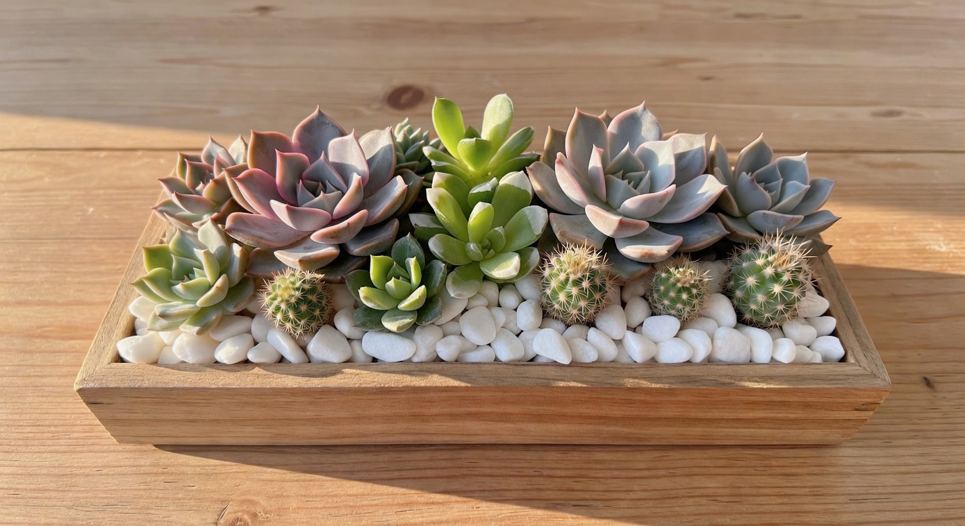 木質盒子內石蓮玉露仙人掌拼盤，底部白礫石，灰藍綠粉紅色調，木桌上側光北歐風