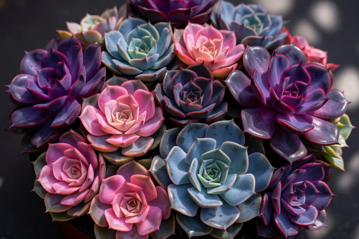 近拍石蓮葉面細節，深紫粉紅藍灰色葉片邊緣紅色，表面蠟光攝影棚柔光