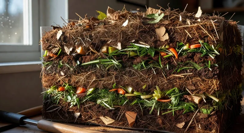 堆肥分層示意圖，展示碳源與氮源交替堆疊