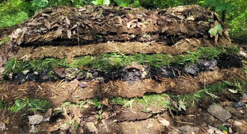 堆肥分層示意圖，展示碳源與氮源交替堆疊