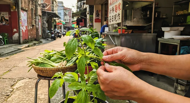 小手正在從香草植物頂端摘取新鮮葉片作為烹飪用途