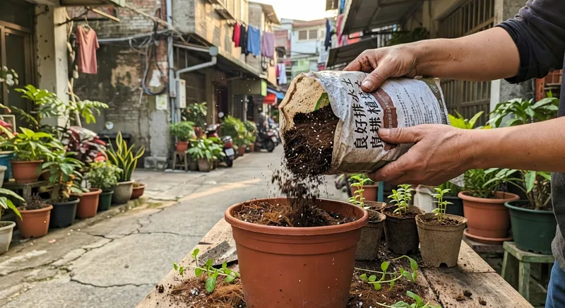 正在準備盆栽的新手,倒入排水良好的培養土到容器裡