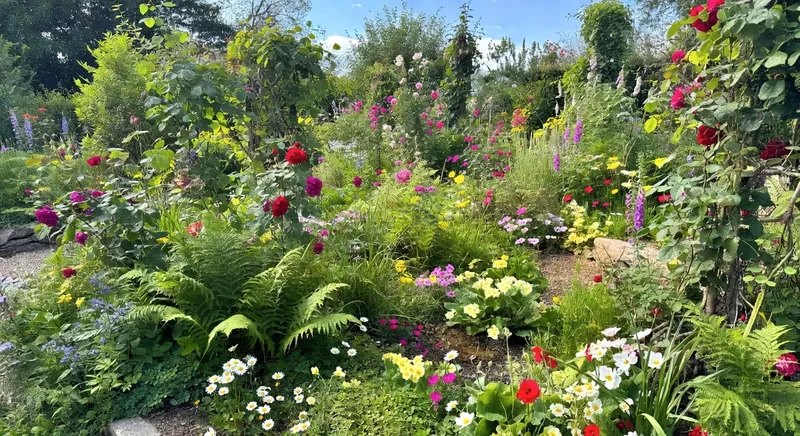 這張圖片捕捉英式鄉村花園的層次設計與野趣元素和諧融合