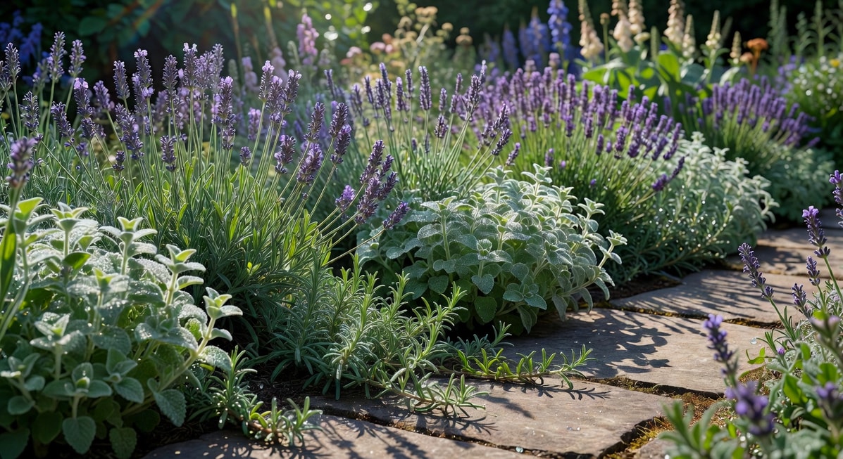 英式花境前景：薰衣草、貓薄荷與匍匐迷迭香沿石板路蔓延，早晨露珠，細膩質感，前景清晰。