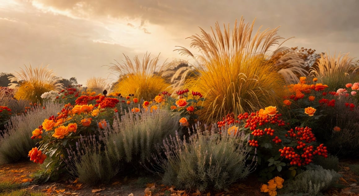 英式花園秋日花境：玫瑰橙紅果實、觀賞草金黃穗子、薰衣草灰綠，夕陽側光，豐收感，溫暖氛圍。
