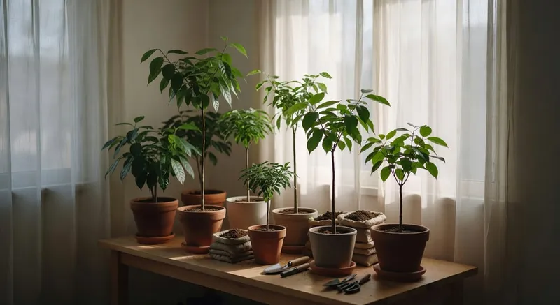 喬木定植示意圖,顯示挖坑放置樹苗及回填土方法