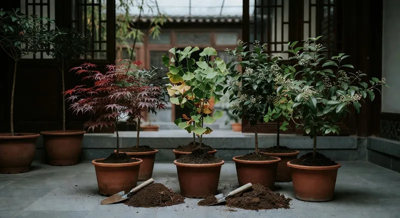 庭院後喬木定植景觀,強調樹木生長與環境美化效果