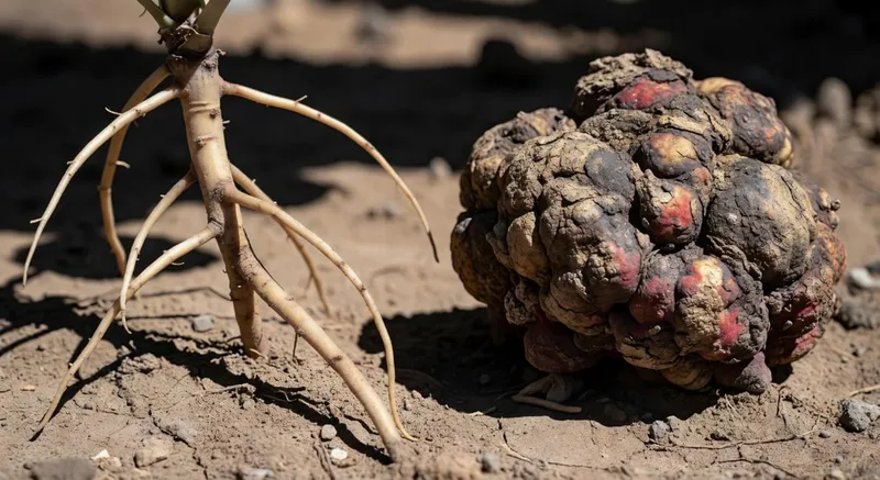 左側健康光滑根部與右側大型粗糙腫瘤的對比圖片