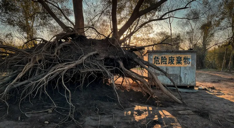 樹木根部被完整挖出,旁邊有標示危險廢棄物的廢棄物箱
