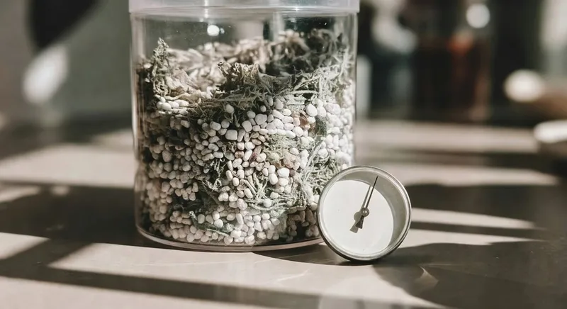 透明容器內灰白泥炭蘚與珍珠岩混合物，旁邊有濕度計