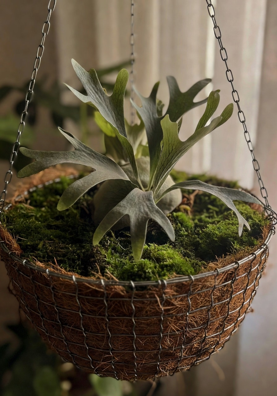 金屬絲吊籃內部特寫，椰纖內襯綠苔覆土，鹿角蕨灰綠葉片向外舒展。