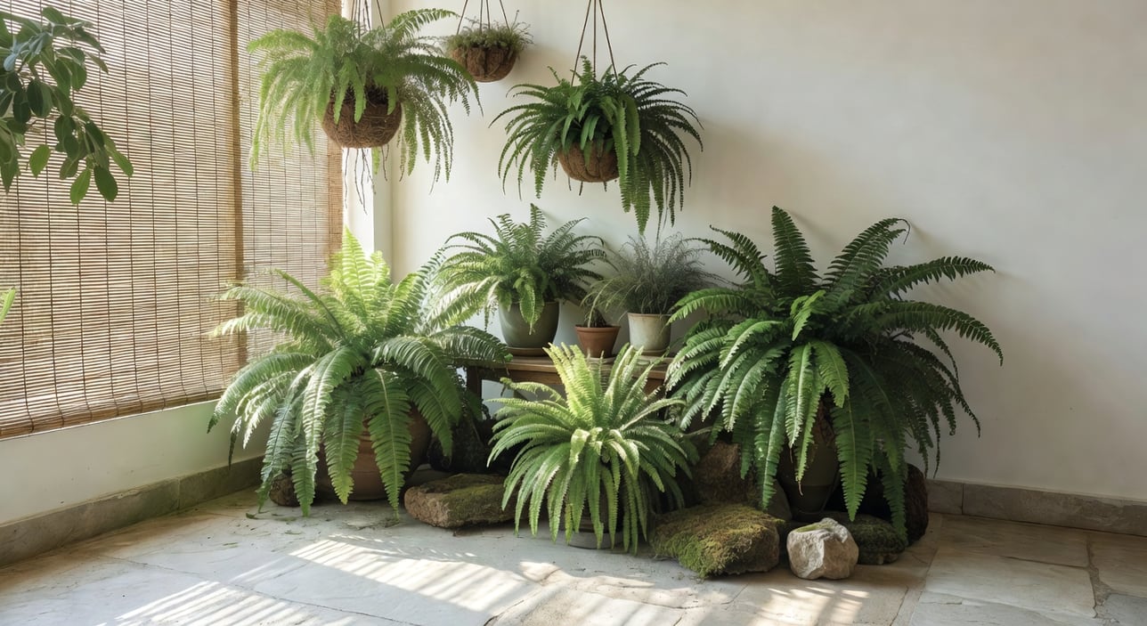 早晨陽台角落高低蕨類吊籃與盆栽，竹簾光線形成柔和光影，地面淺色石板覆苔岩石。