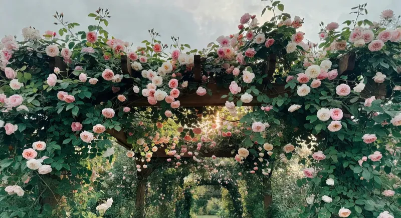 夏日午後藤蔓月季爬滿木製花架，葉片花瓣交織自然光影