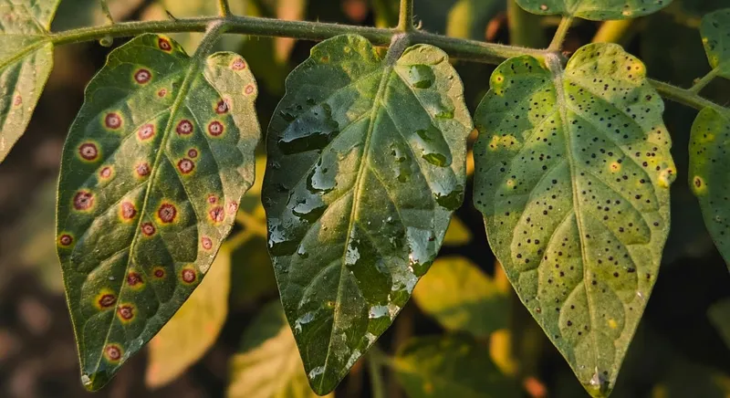 番茄葉片三種病害特寫：左早疫病褐斑、中晚疫病軟斑、右Septoria黑點