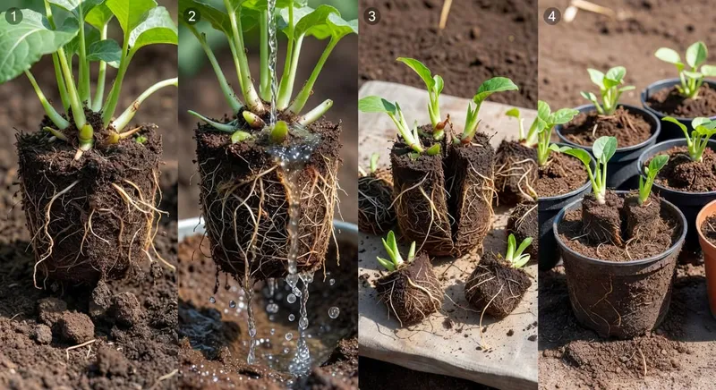 分株繁殖步驟圖解：展示挖掘根部、沖洗、分割植株和種植新株的完整過程