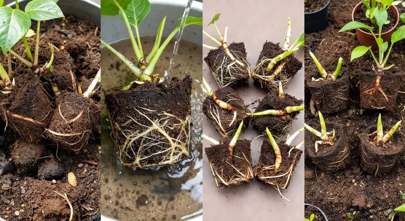 分株繁殖步驟圖解：展示挖掘根部、沖洗、分割植株和種植新株的完整過程