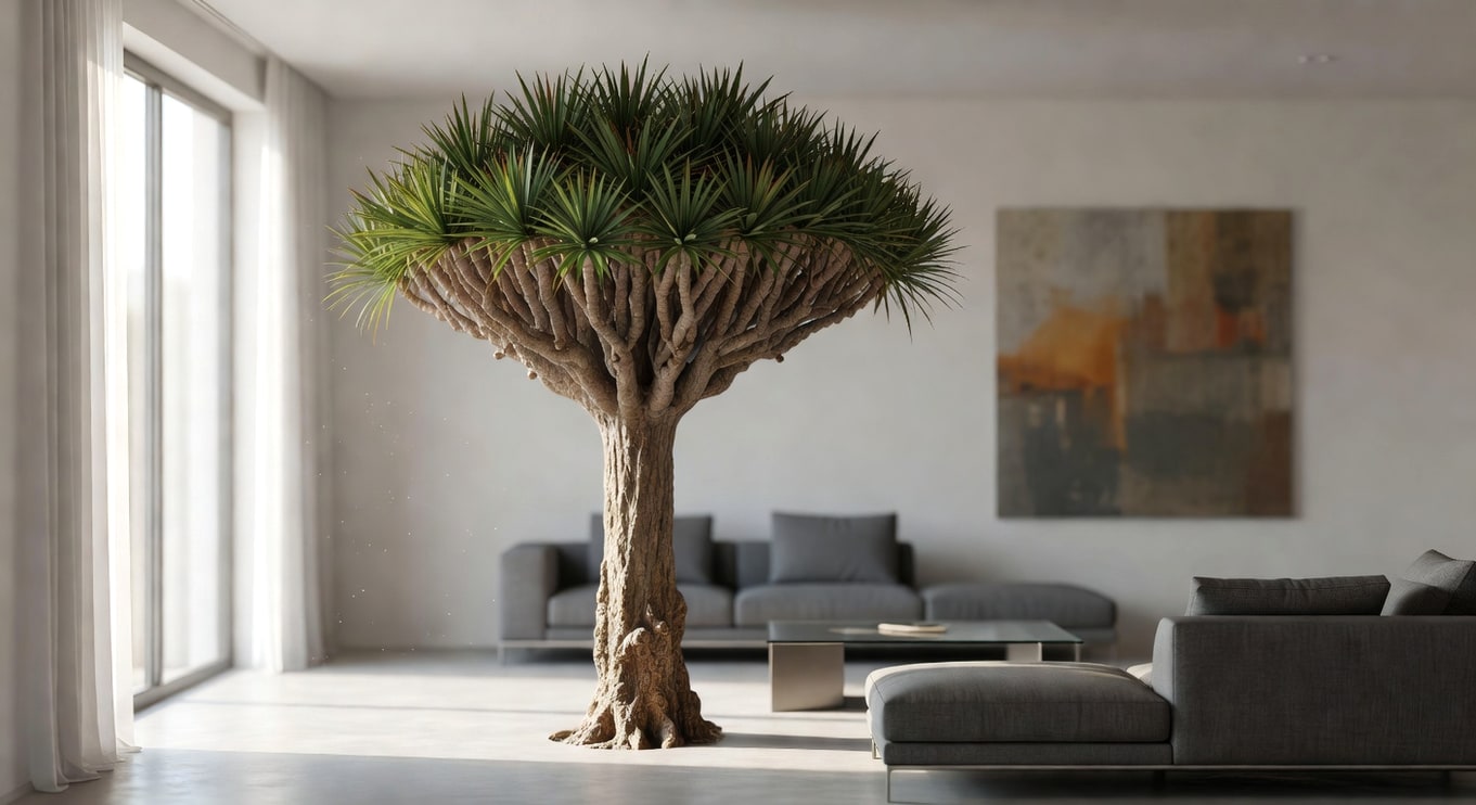 現代客廳角落龍血樹，陽光灑落，與裝潢形成協調視覺平衡。