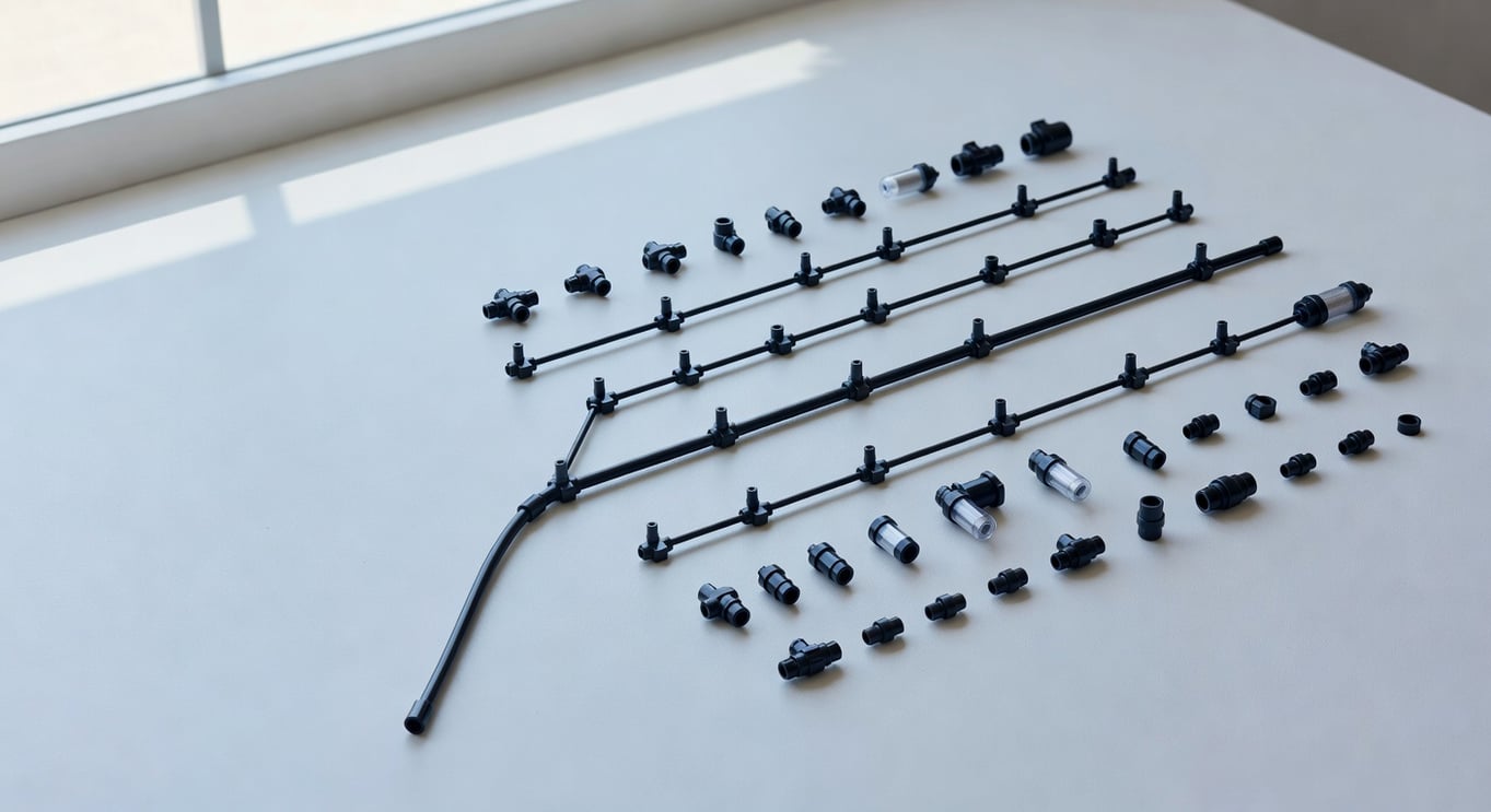 滴灌系統分解圖，展示各組件排列及中英名稱連接方式。