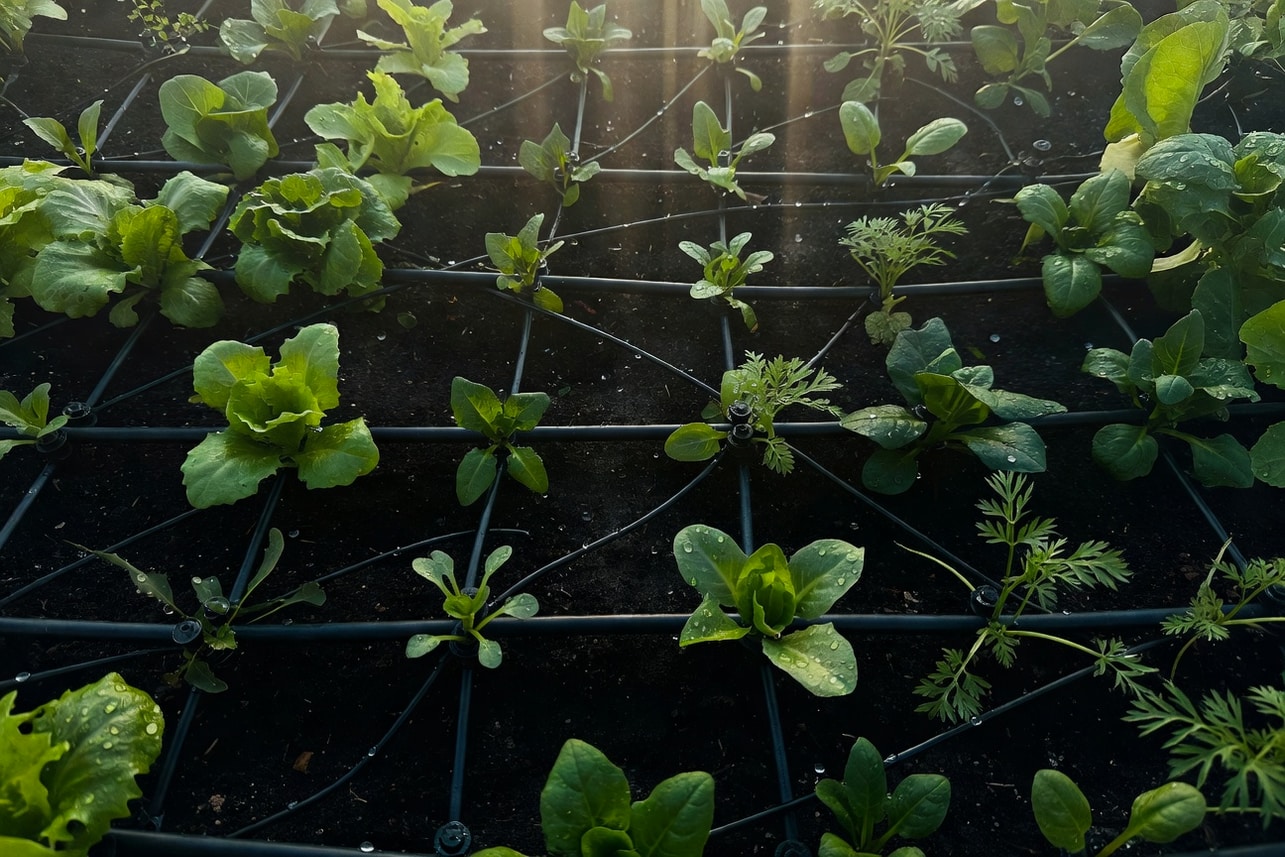 俯視家庭菜園，黑色滴灌管線蜿蜒蔬菜間，水珠閃爍於滴頭。