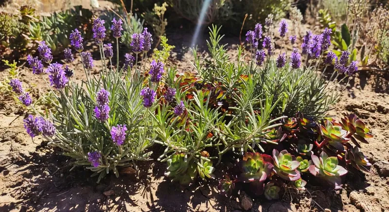 展示旱地花園堅韌植物的特寫,包括薰衣草、景天屬和迷迭香