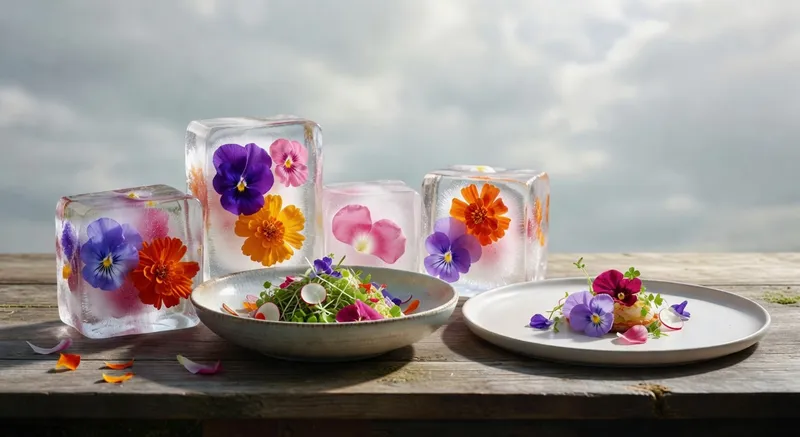 展示花園新鮮食用花卉製成的冰磚和料理,呈現優雅創意風格的美食設計。