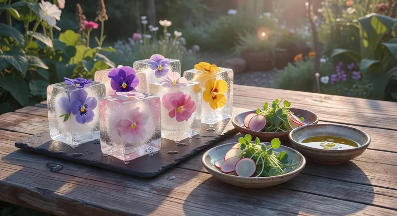 展示花園新鮮食用花卉製成的冰磚和料理,呈現優雅創意風格的美食設計。