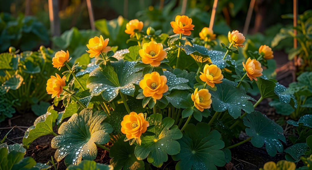 金蓮花叢特寫:橙黃花朵與圓葉,清晨光線下露珠閃爍,花朵向陽盛開,鮮豔色彩,台灣菜園背景