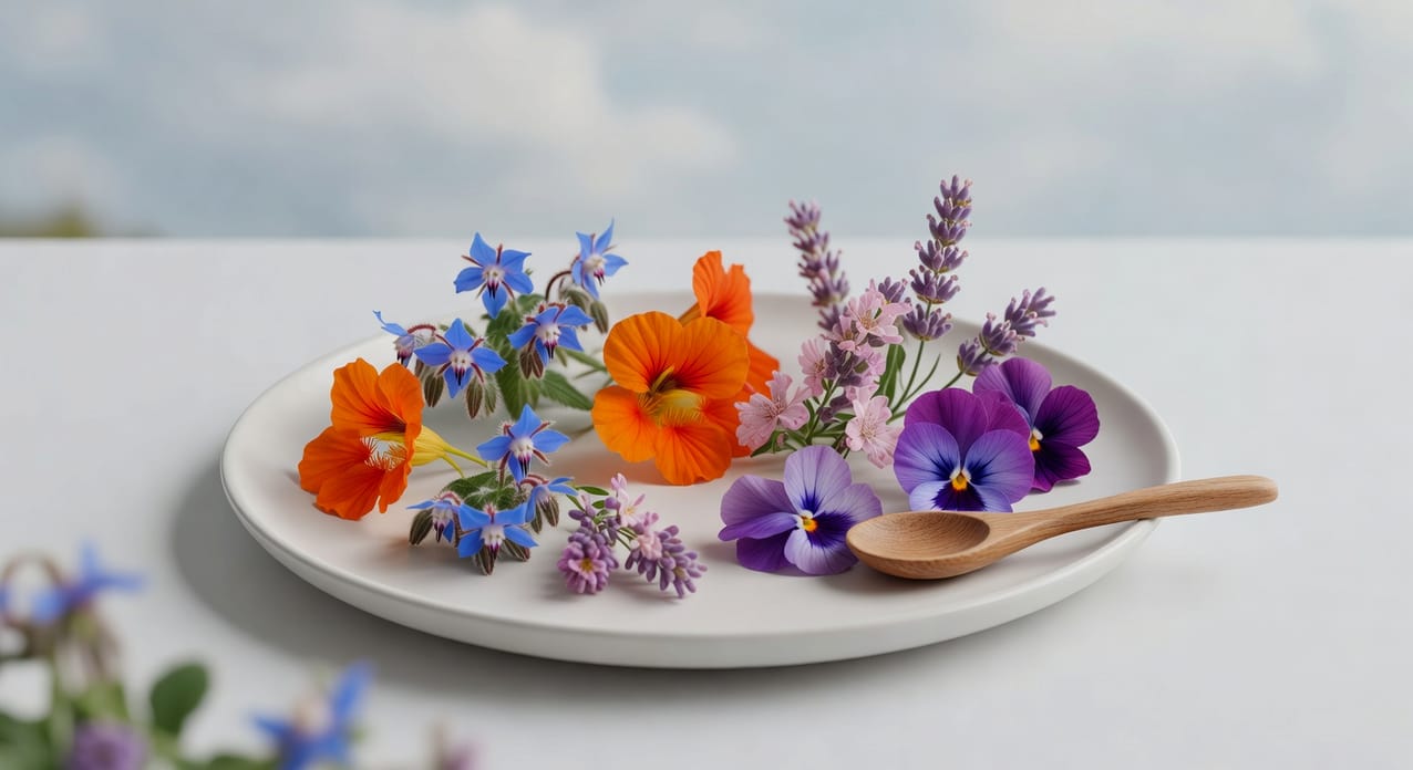 夏季食用花盤景:白色圓盤上橙金蓮花、藍琉璃苣、粉薰衣草和紫三色堇,手持木匙觸花瓣,自然光下法式擺盤