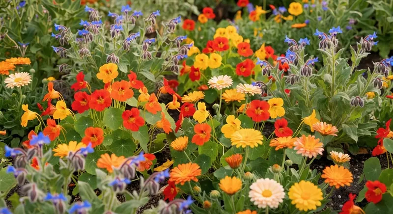 花園中旱金蓮、金盞花和琉璃苣一同盛開，展現可食用花的美麗。