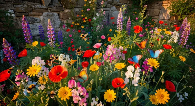 色彩斑斕的村舍花朵，蜜蜂和蝴蝶飛舞，古舊石牆隱約透出。