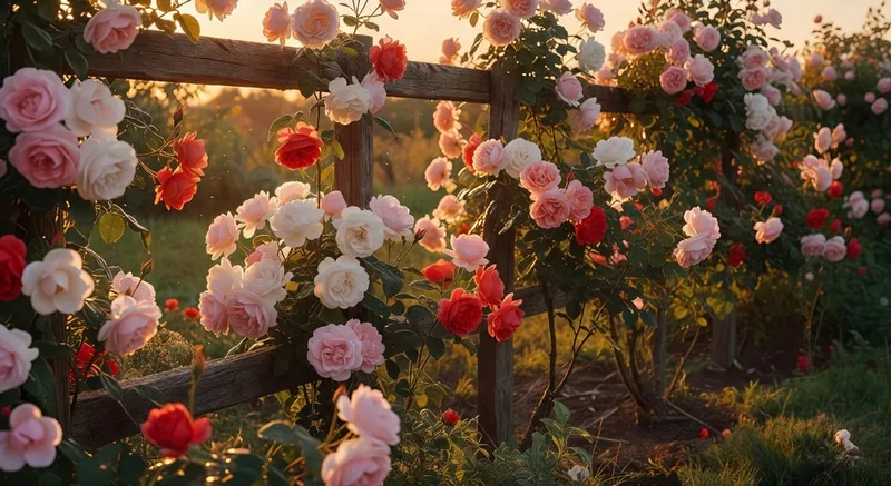 攀爬玫瑰在木棚架上綻放，層層花瓣在晨光金色照射下閃耀。