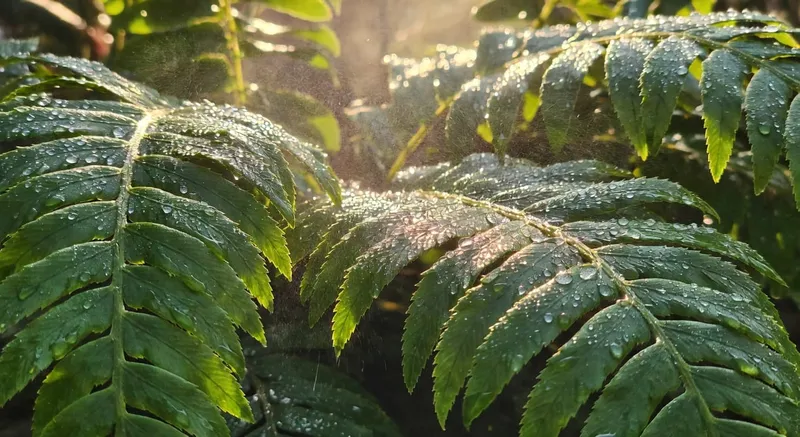 细水雾洒在附生蕨叶片上，露珠如珍珠般在叶表反光。