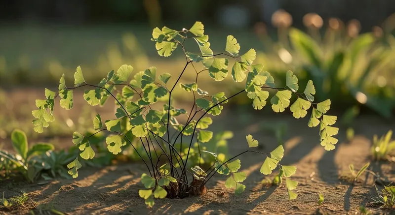 女貞蕨的精緻扇形小葉片附著在深色纖細莖上。