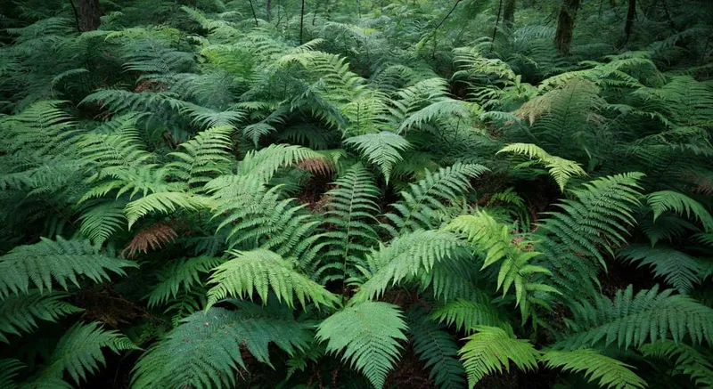 俯視蕨類林地多高低植物疊加，陰影光線交錯，露水在葉面閃耀
