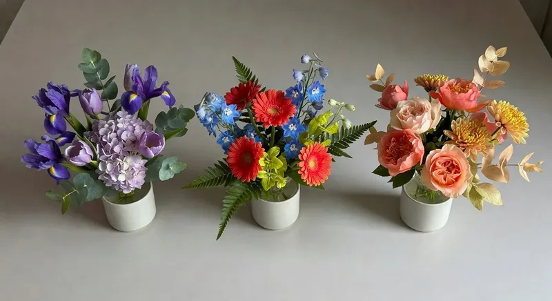再次展示同色系漸層、對比色和調和色的插花配色方案