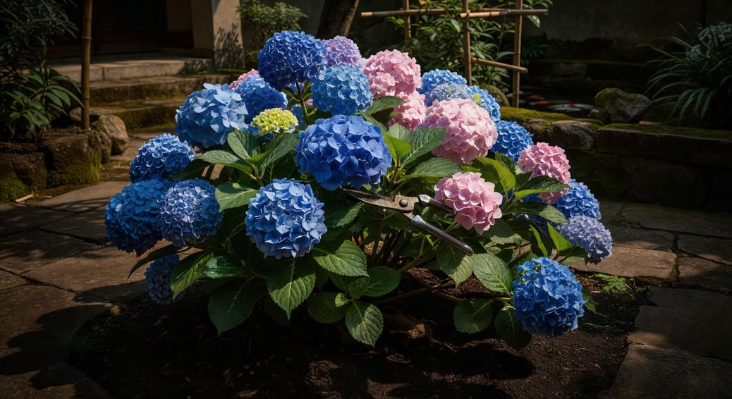 園藝師用修枝剪刀修剪盛開繡球花,深藍色和粉色花球,台灣庭院夏季陽光下。