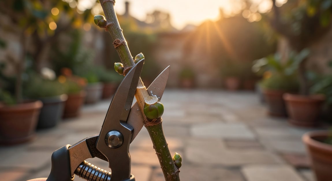 特寫修枝剪刀正確在芽點上方斜剪,新鮮切面清晰,教學風格展示。