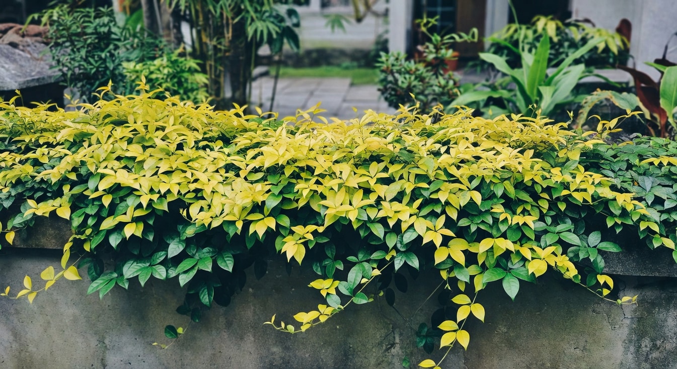 黃金絡石鋪展石牆:新葉金黃老葉深綠在陽光下形成金綠漸層,台灣庭院