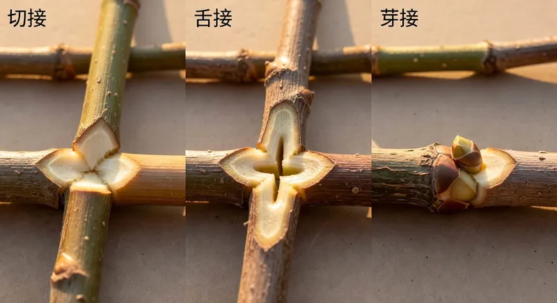 果樹嫁接三種方法示意圖:切接嵌入砧木、舌接卡合固定、芽接貼上芽片