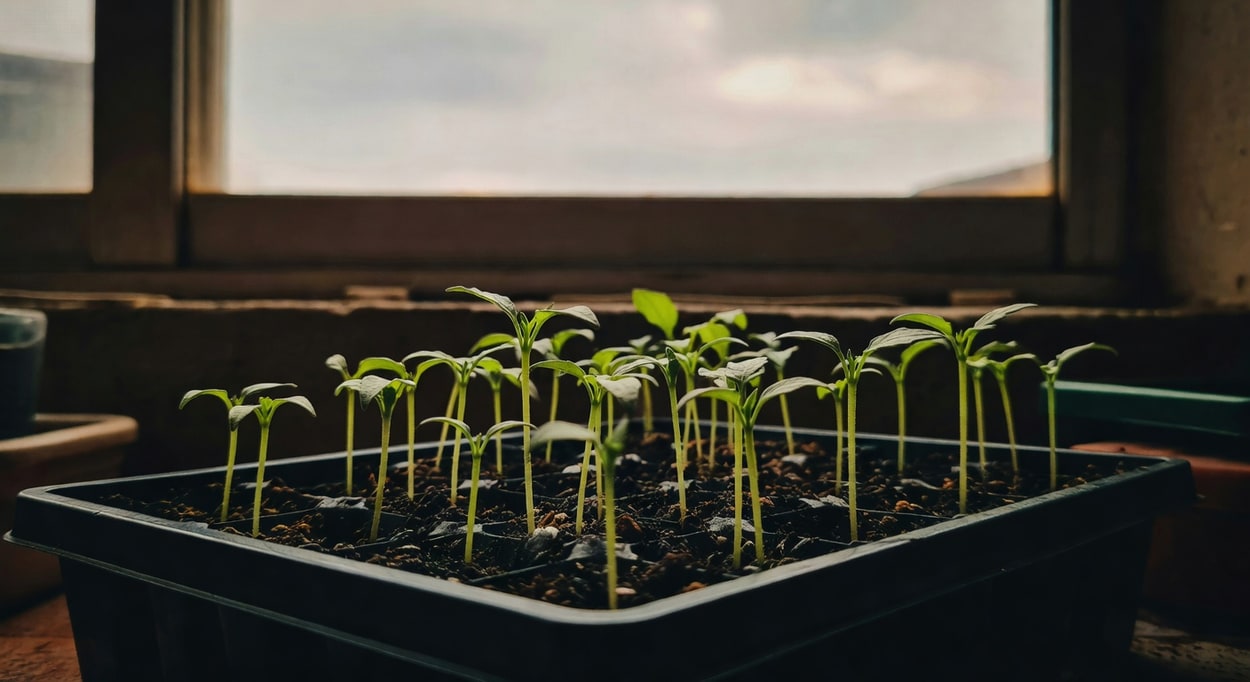 台灣春季陽台育辣椒苗,育苗盤內嫩綠小苗,陽光透過窗戶照射,營造溫柔自然生活感。