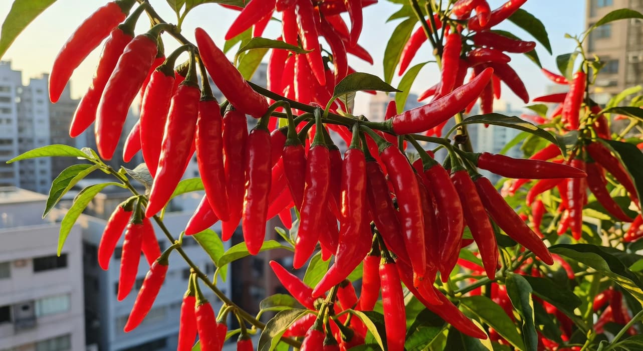 台灣陽台上成熟紅朝天椒,枝頭掛滿紅果,強烈陽光下,背景城市建築,色彩鮮豔飽滿。