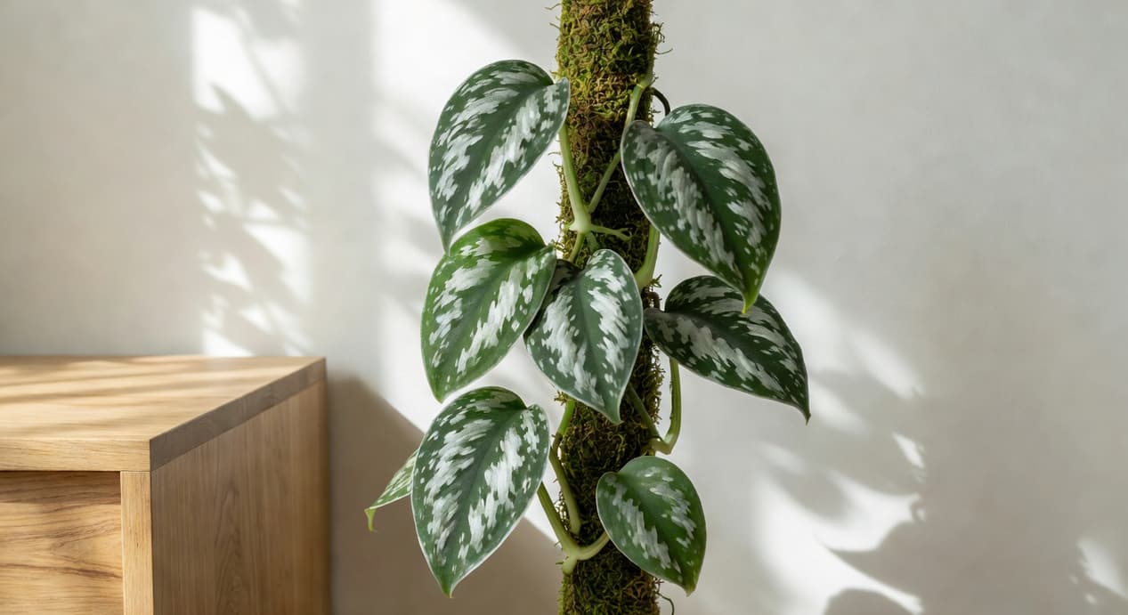 錫蘭爬藤攀附水苔柱，葉片寬大銀斑清晰，氣根緊抓，旁邊淺色牆和木家具，乾淨明亮