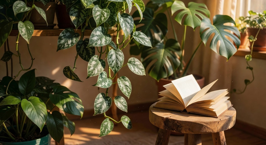 室內植物角落，多盆觀葉植物，錫蘭爬藤從高架垂下，葉片銀綠閃爍，旁邊木椅和翻開書，溫暖文藝