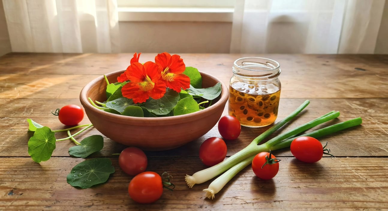 廚房木桌上金蓮花沙拉，花朵點綴嫩葉陶盆，醃漬種子玻璃罐