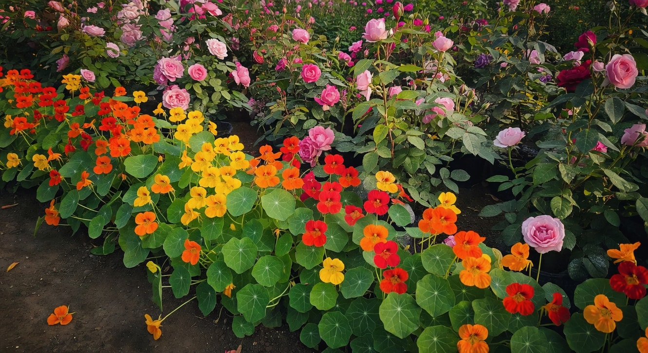 金蓮花叢生玫瑰圃邊，橘紅與粉紅對比，葉片質感差異，台灣自然光
