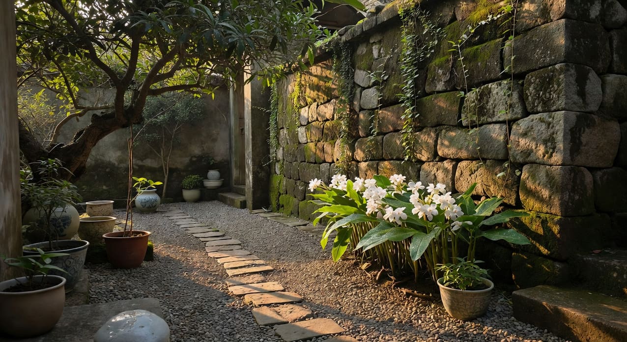改造後台灣庭院一角,老石牆有青苔爬藤,野薑花叢旁碎石小徑,老樹下瓷器花盆,傳統現代融合傍晚光線。