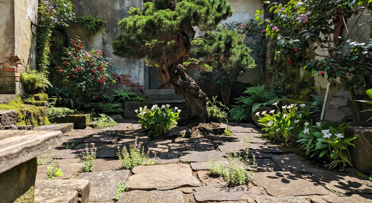 修復三年後庭院,石材路旁百里香長出,老龍柏中心圍野薑花山茶花,舊牆綠意並存傍晚光線侘寂美學。