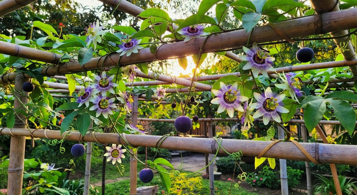 台灣庭院百香果棚架：白紫花朵晨光盛開，卷鬚纏繞竹梁，未熟果實點綴