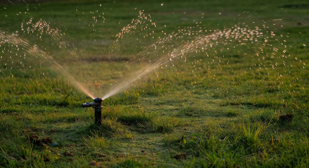草坪旋轉噴頭噴水側面:水珠弧線清晰,綠色背景,黃昏光線